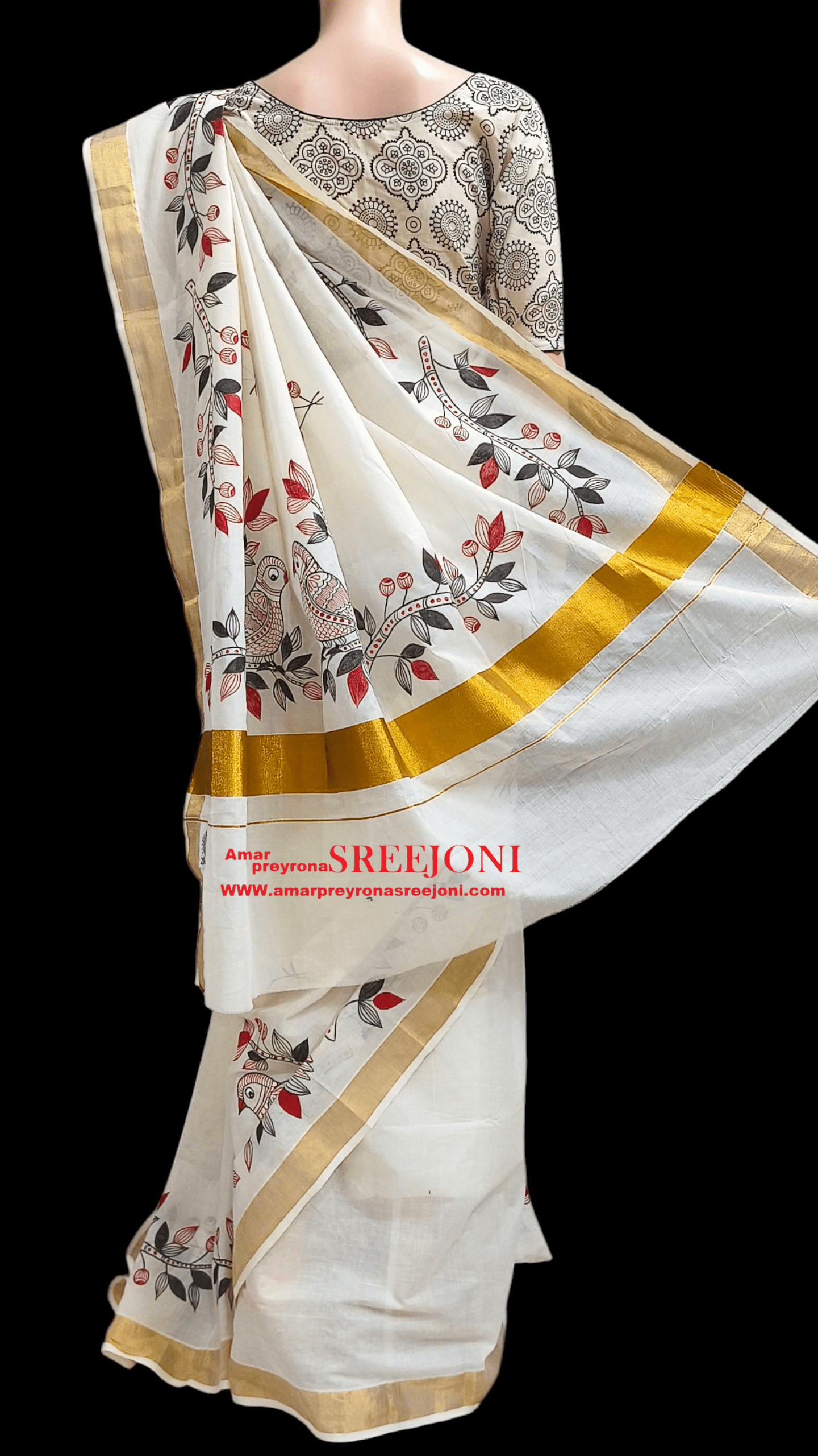 Hand Painted Pure Kerela Cotton Febric Work Off White Color Beautiful Saree