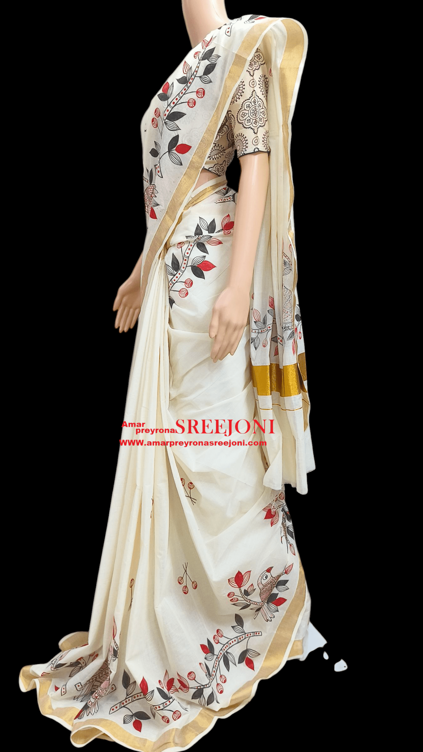 Hand Painted Pure Kerela Cotton Febric Work Off White Color Beautiful Saree