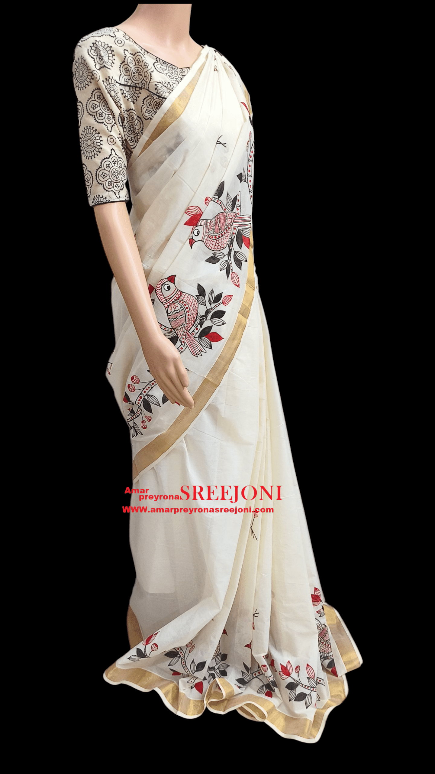 Hand Painted Pure Kerela Cotton Febric Work Off White Color Beautiful Saree