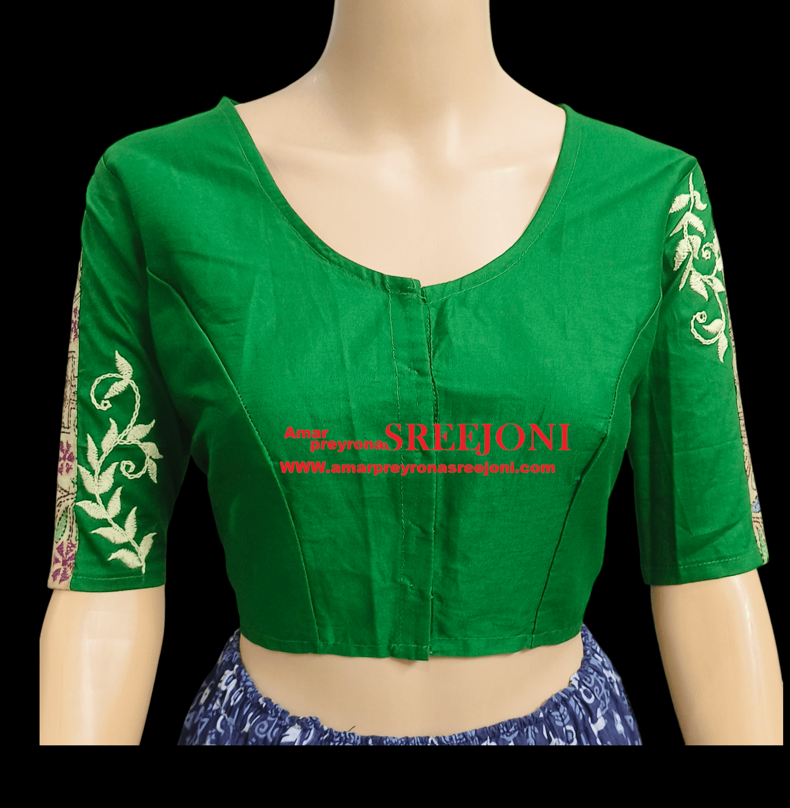 Hand Embroidery Pure Cotton Green Color U-neck Designing Blouse Use For Girls And Womens