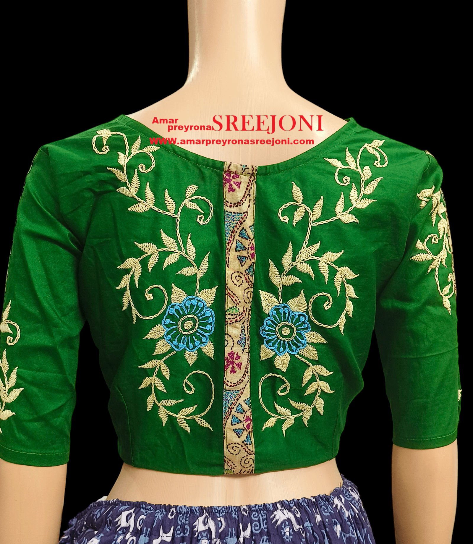 Hand Embroidery Pure Cotton Green Color U-neck Designing Blouse Use For Girls And Womens