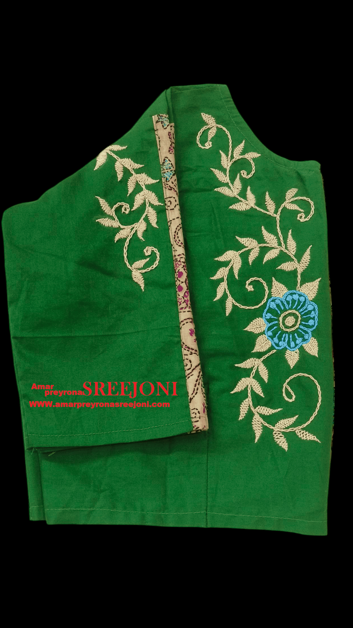 Hand Embroidery Pure Cotton Green Color U-neck Designing Blouse Use For Girls And Womens
