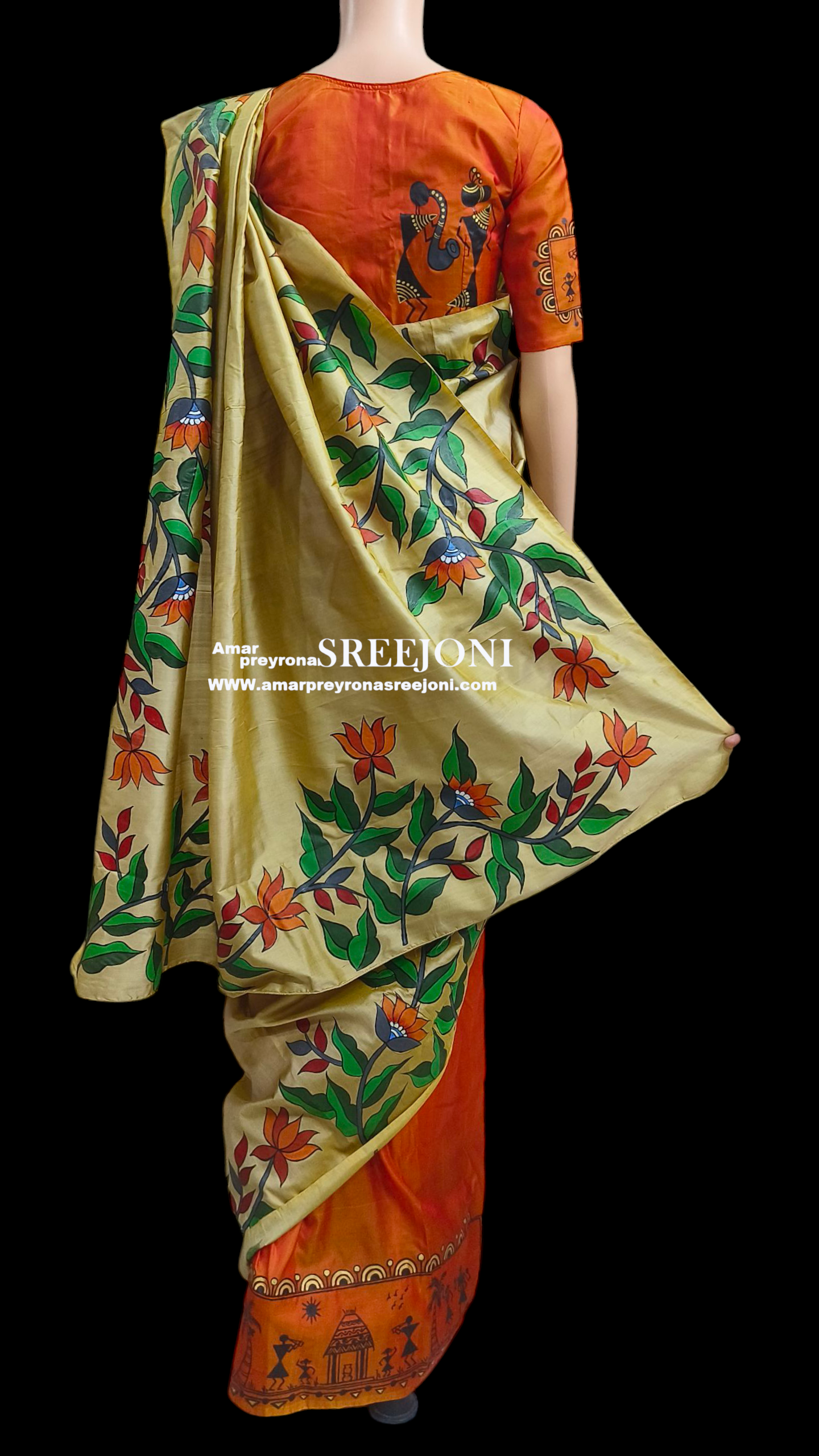 Hand Painted Pure Bishnupuri Silk Orange and Beige Color Combination Saree