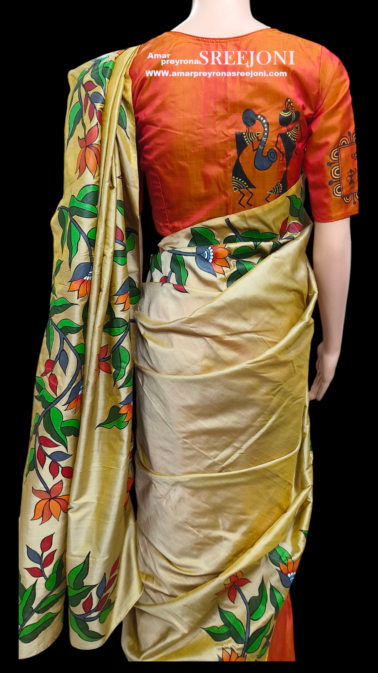 Hand Painted Pure Bishnupuri Silk Orange and Beige Color Combination Saree