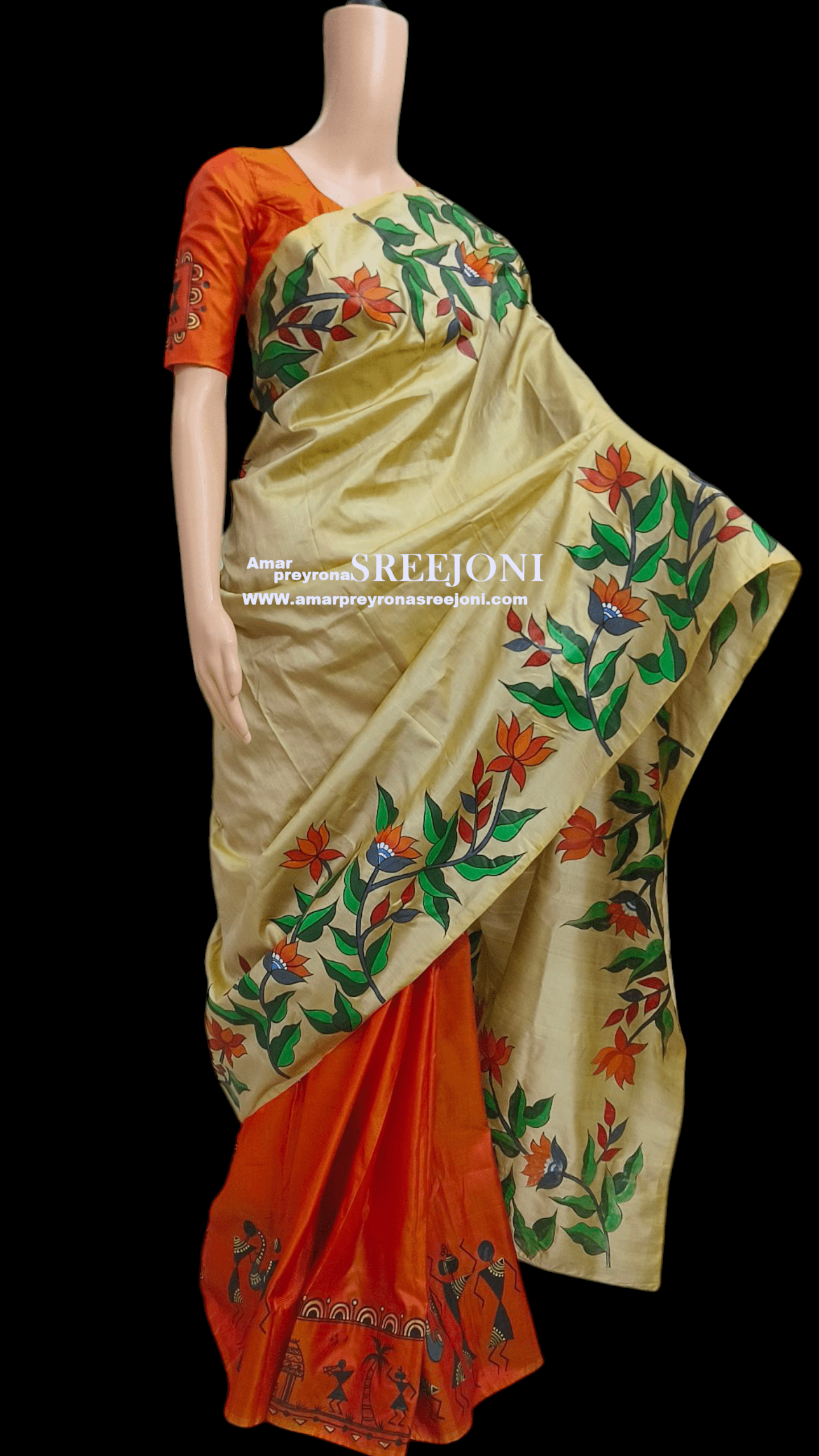 Hand Painted Pure Bishnupuri Silk Orange and Beige Color Combination Saree