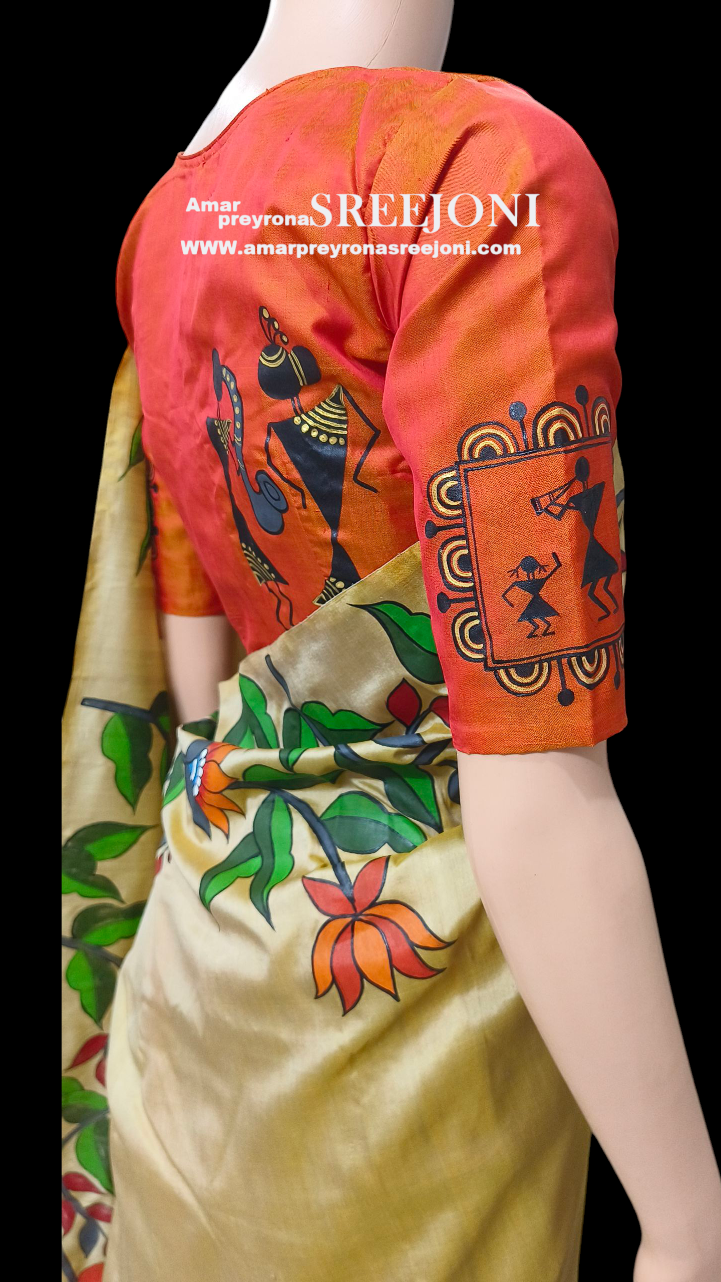 Hand Painted Pure Bishnupuri Silk Orange and Beige Color Combination Saree