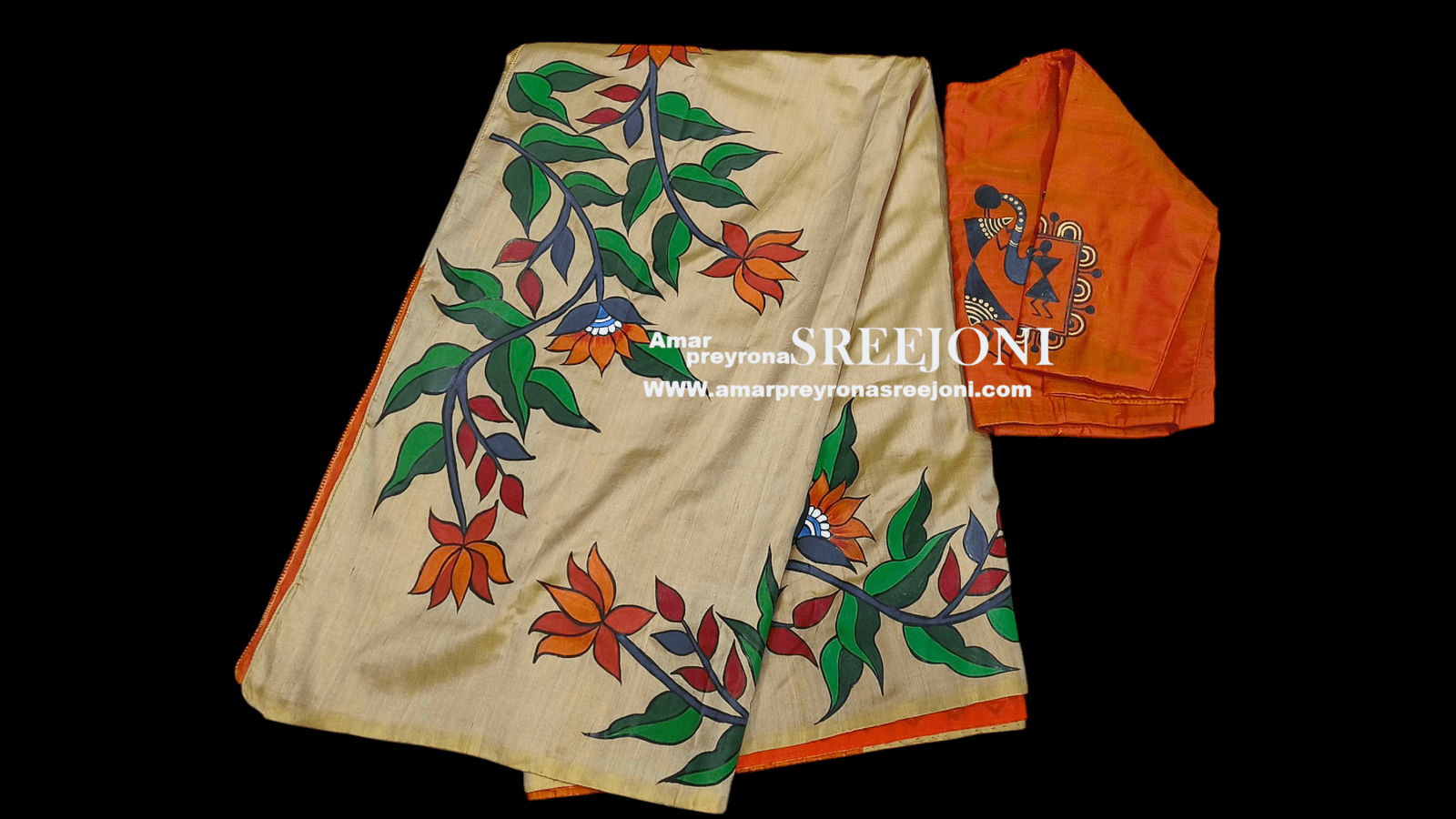 Hand Painted Pure Bishnupuri Silk Orange and Beige Color Combination Saree