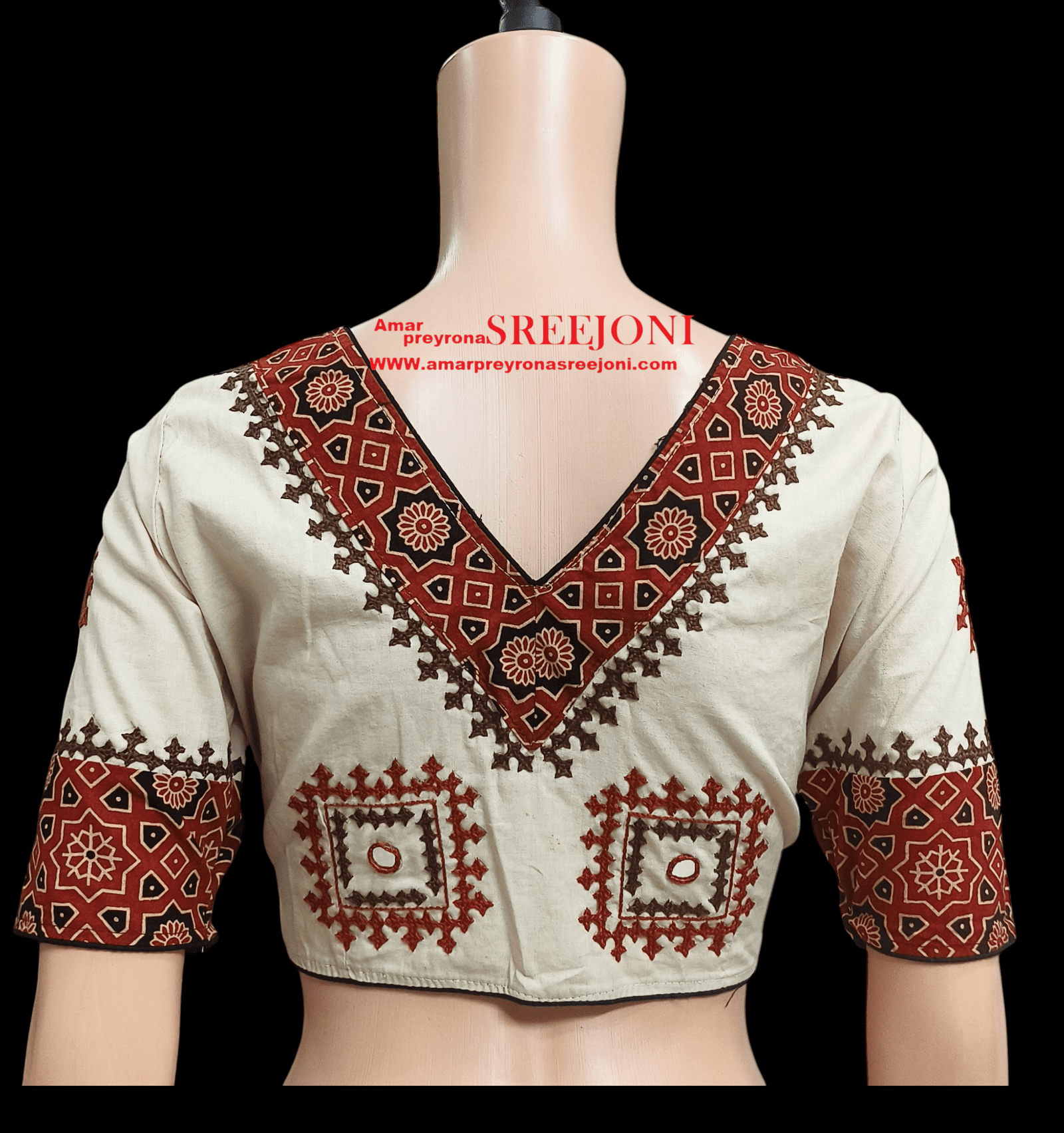 hand embroidery pure cotton off white color princess cut round neck blouse use for girls and womens
