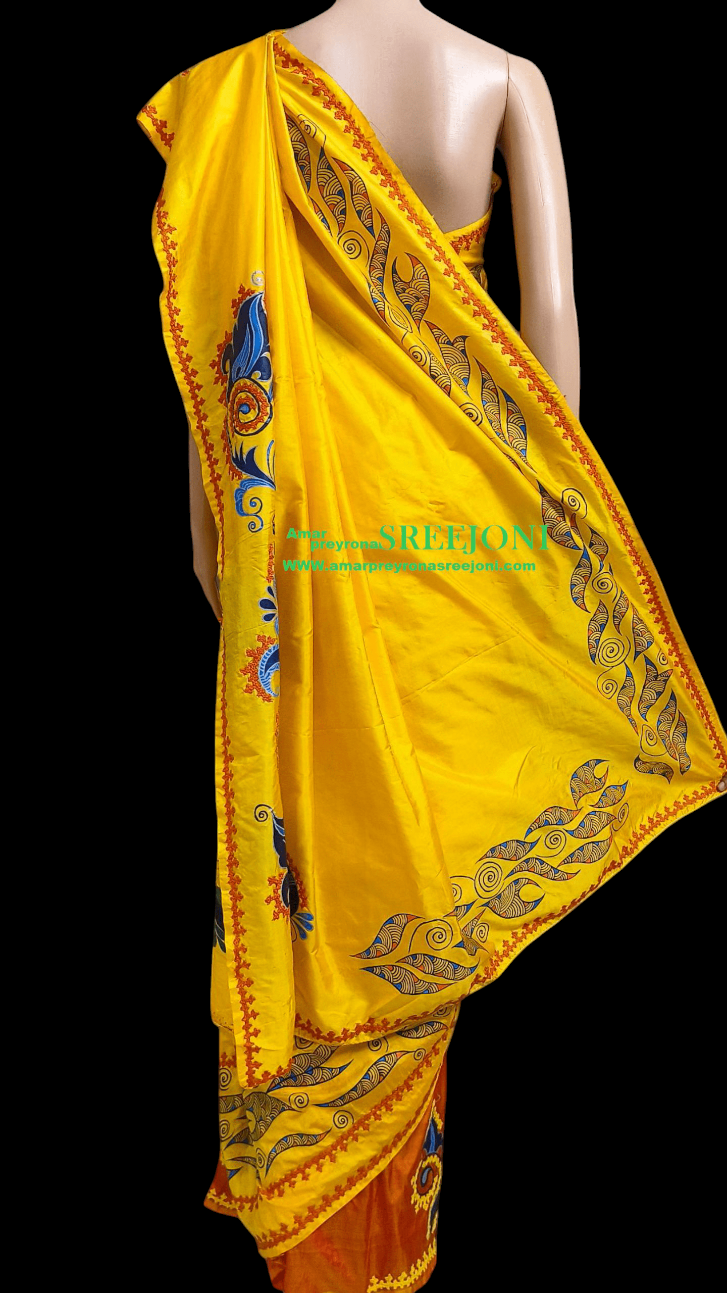 Hand Embroidery And Hand Painted Pure Bishnupuri Silk Orange And Yellow Color Combination Saree