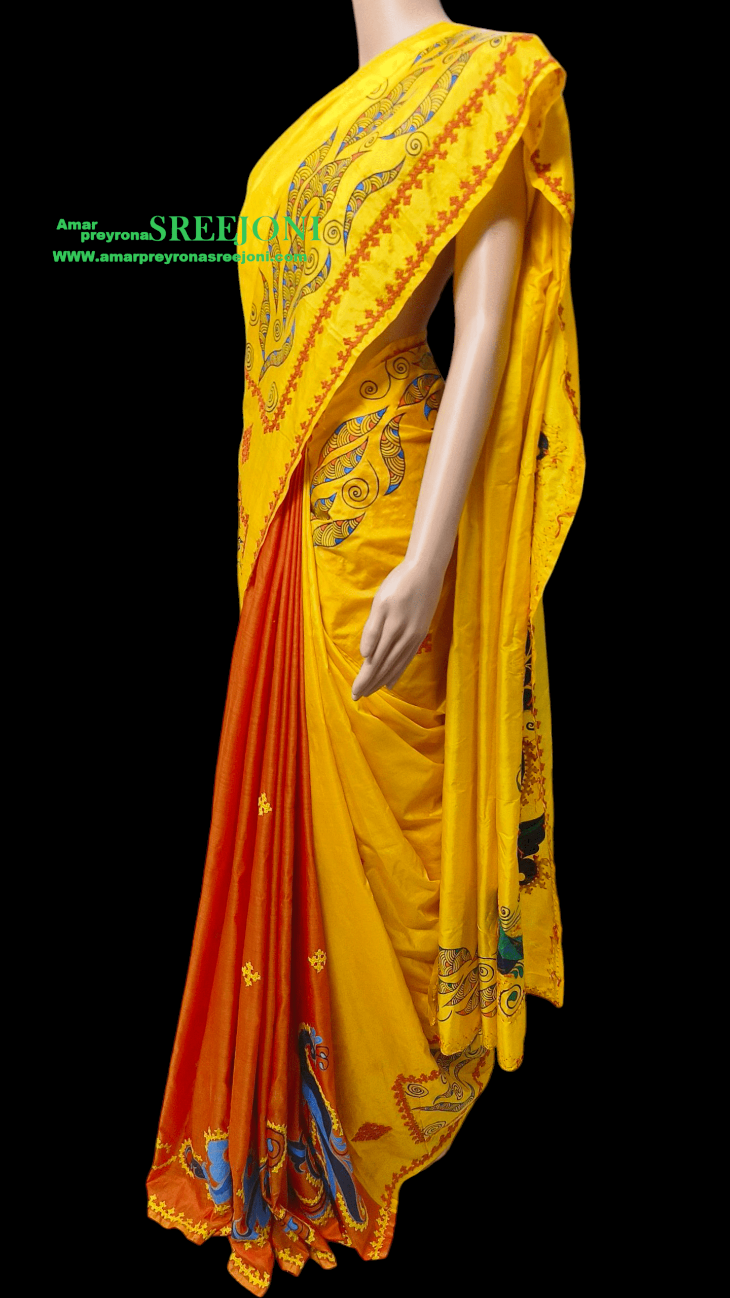 Hand Embroidery And Hand Painted Pure Bishnupuri Silk Orange And Yellow Color Combination Saree