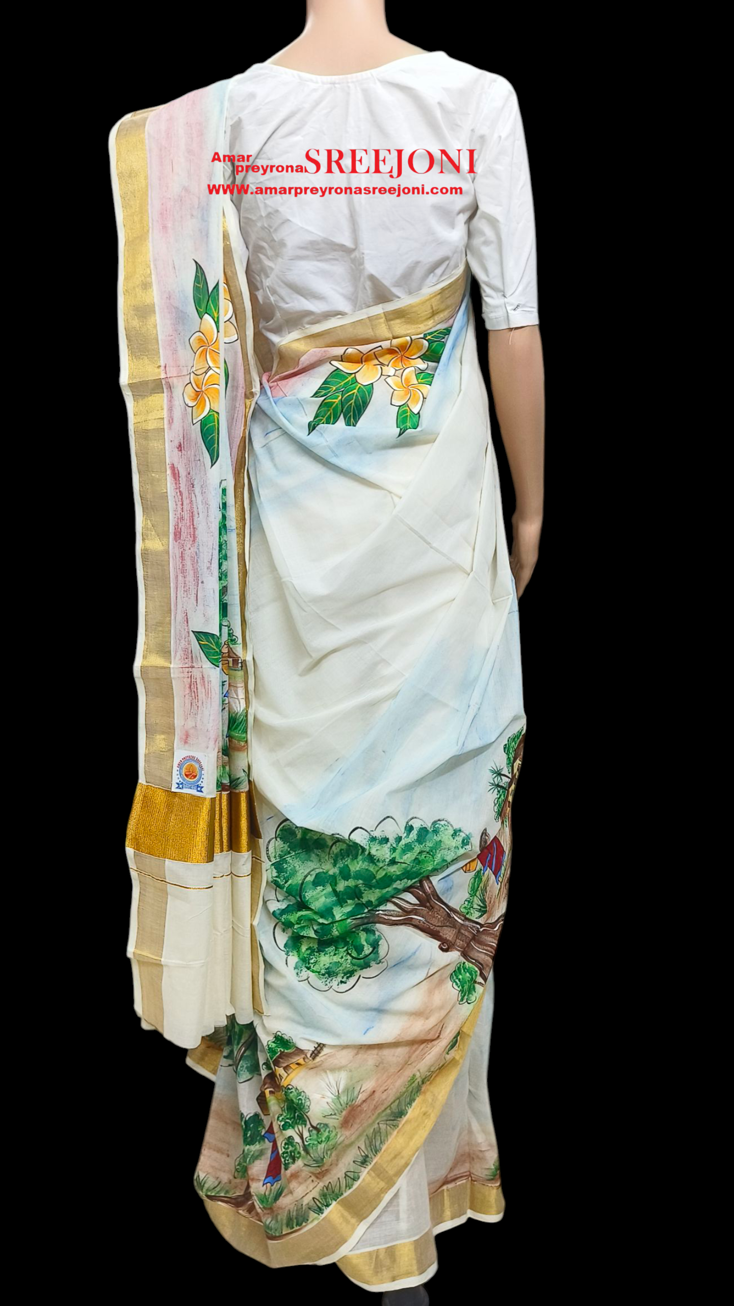 Hand Painted Pure Kerela Cotton Off White Color Saree use for girls And Womens