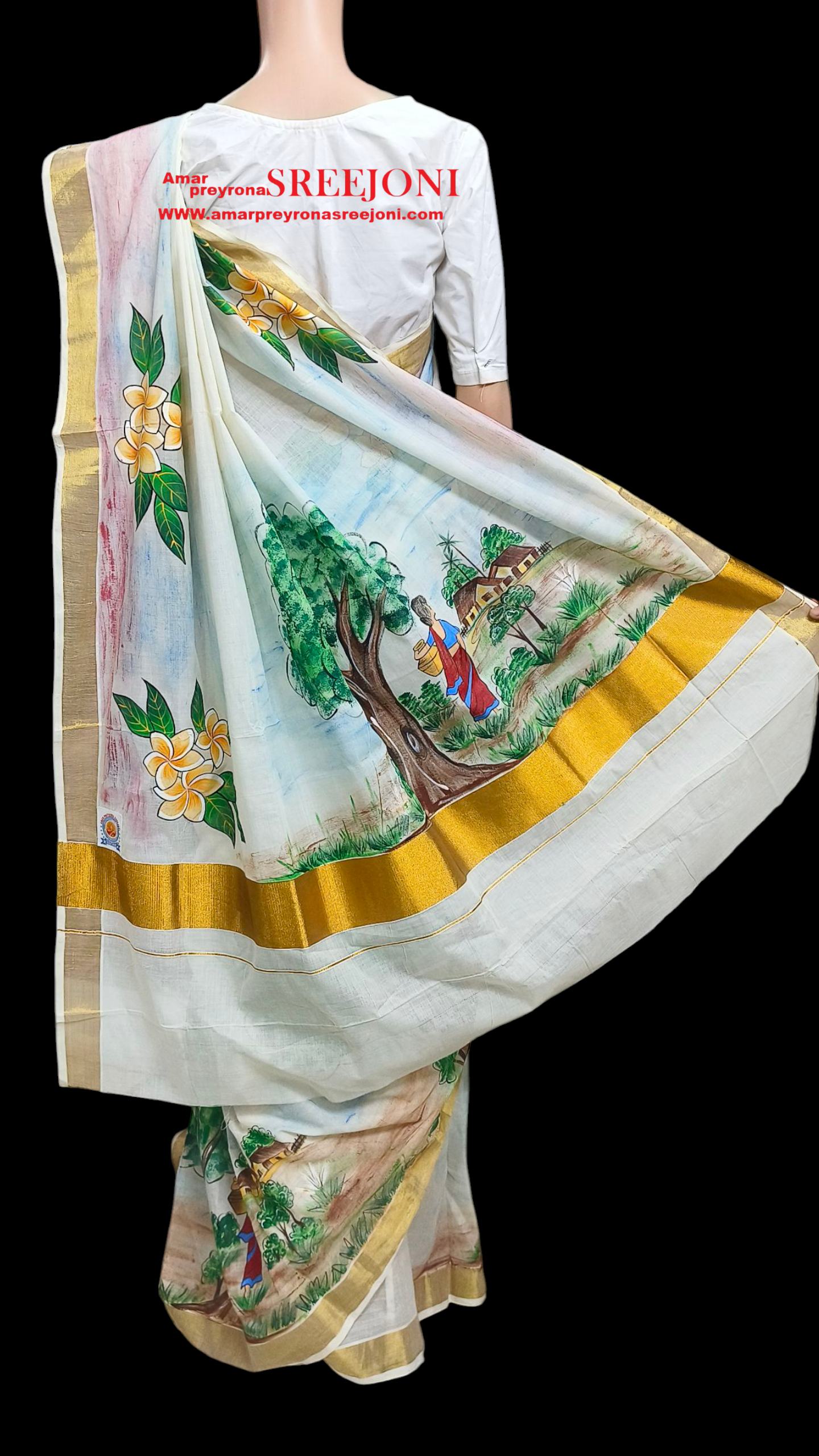 Hand Painted Pure Kerela Cotton Off White Color Saree use for girls And Womens