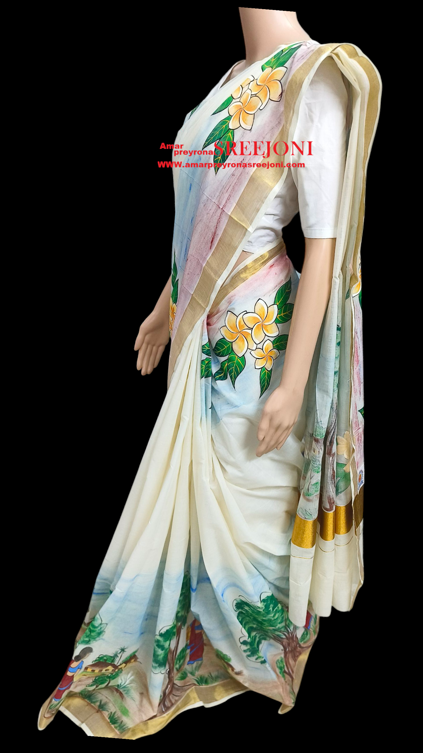 Hand Painted Pure Kerela Cotton Off White Color Saree use for girls And Womens