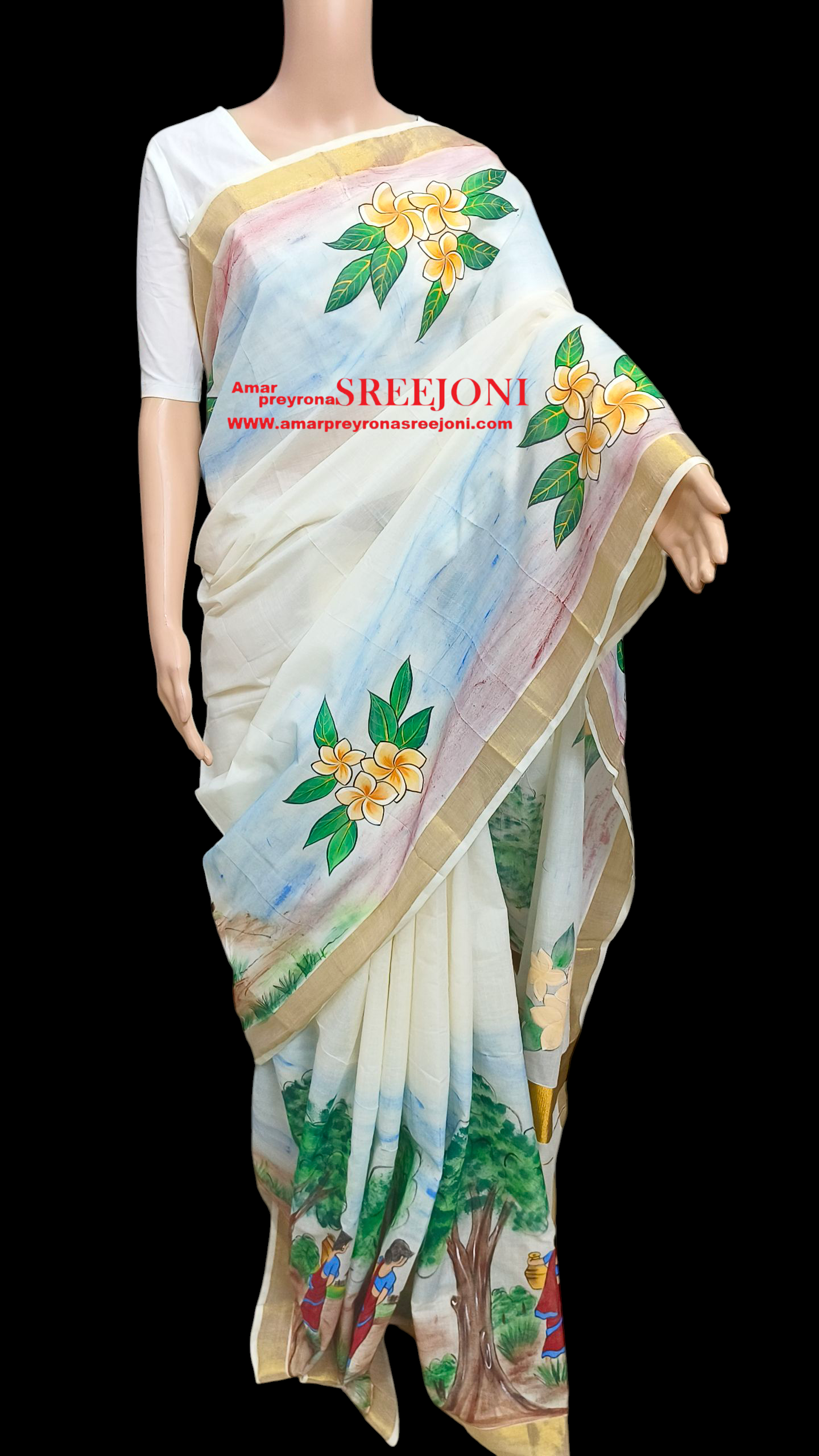 Hand Painted Pure Kerela Cotton Off White Color Saree use for girls And Womens