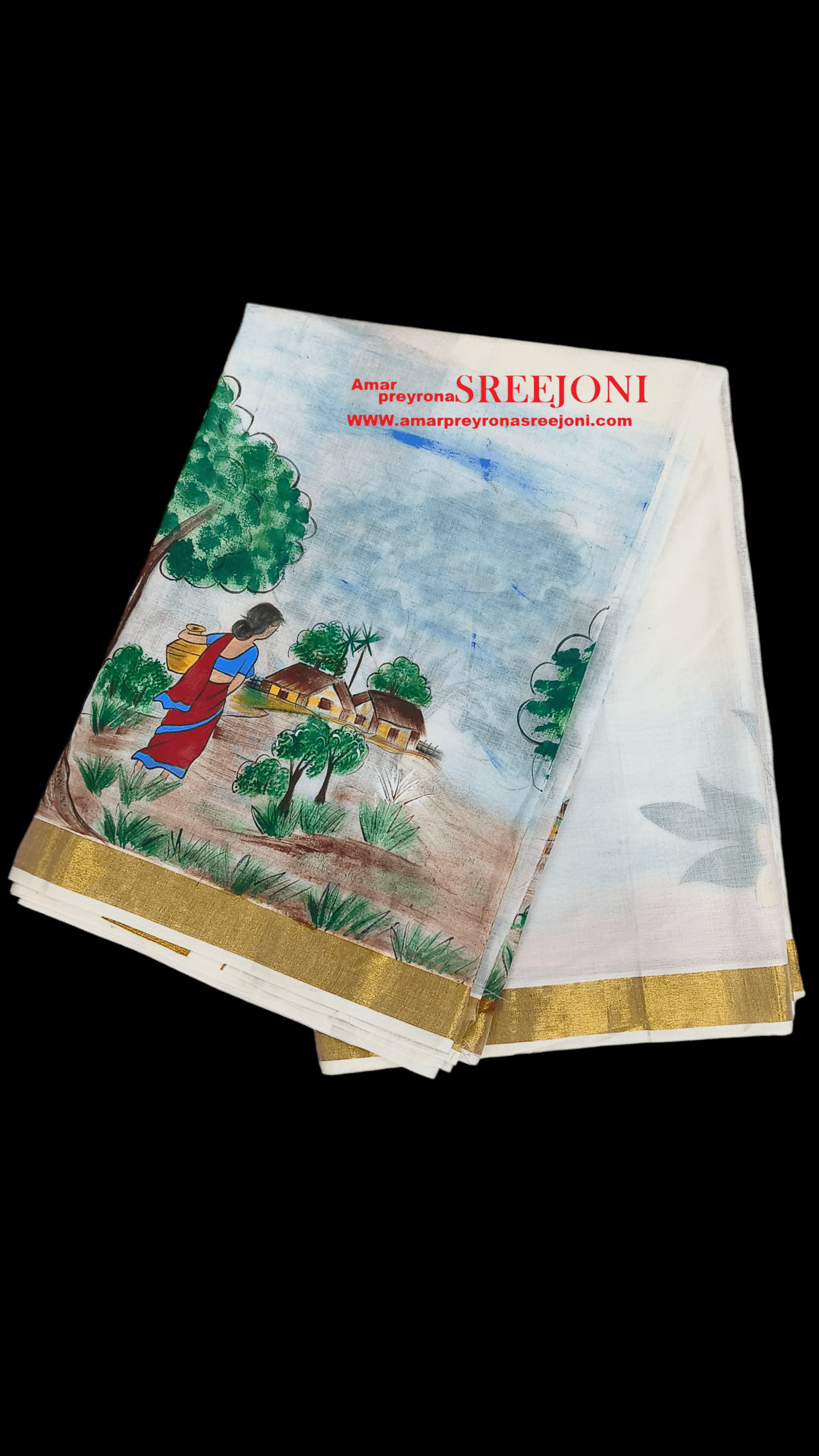 Hand Painted Pure Kerela Cotton Off White Color Saree use for girls And Womens