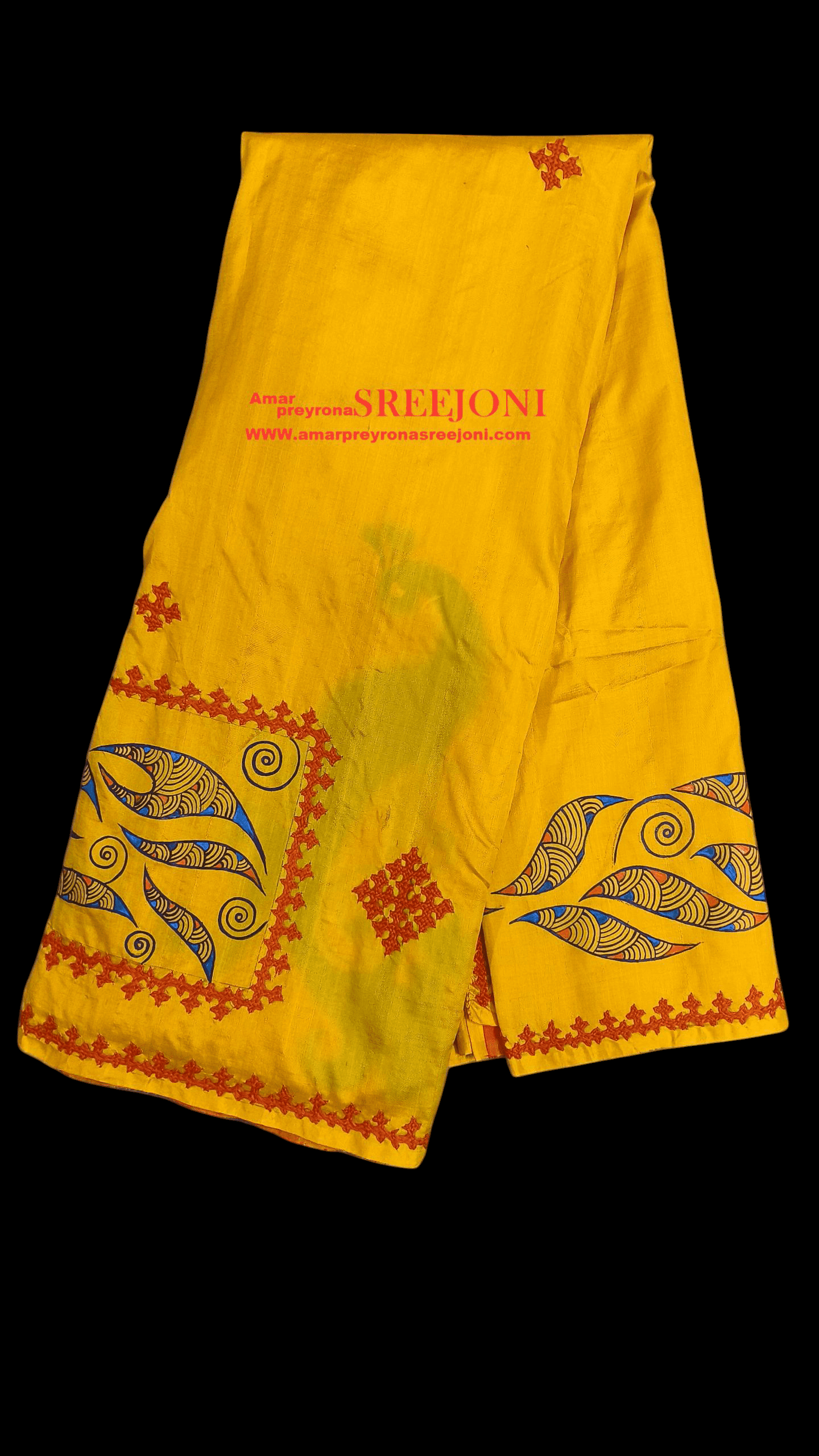 Hand Embroidery And Hand Painted Pure Bishnupuri Silk Orange And Yellow Color Combination Saree