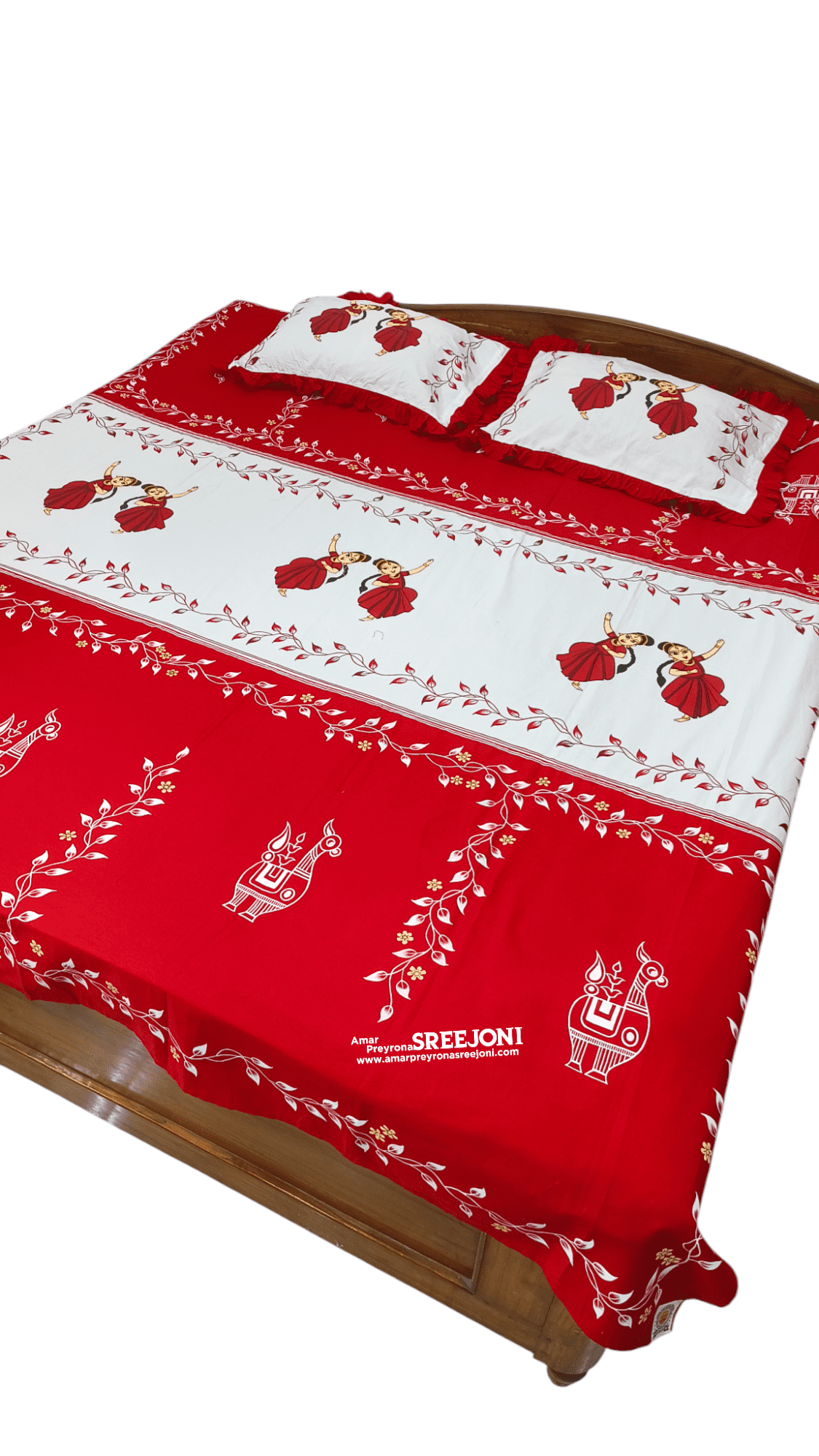 Hand Painted Pure Cotton Febric Work queen Size Bedsheet With Two Pillow Cover Red And White Color Combination