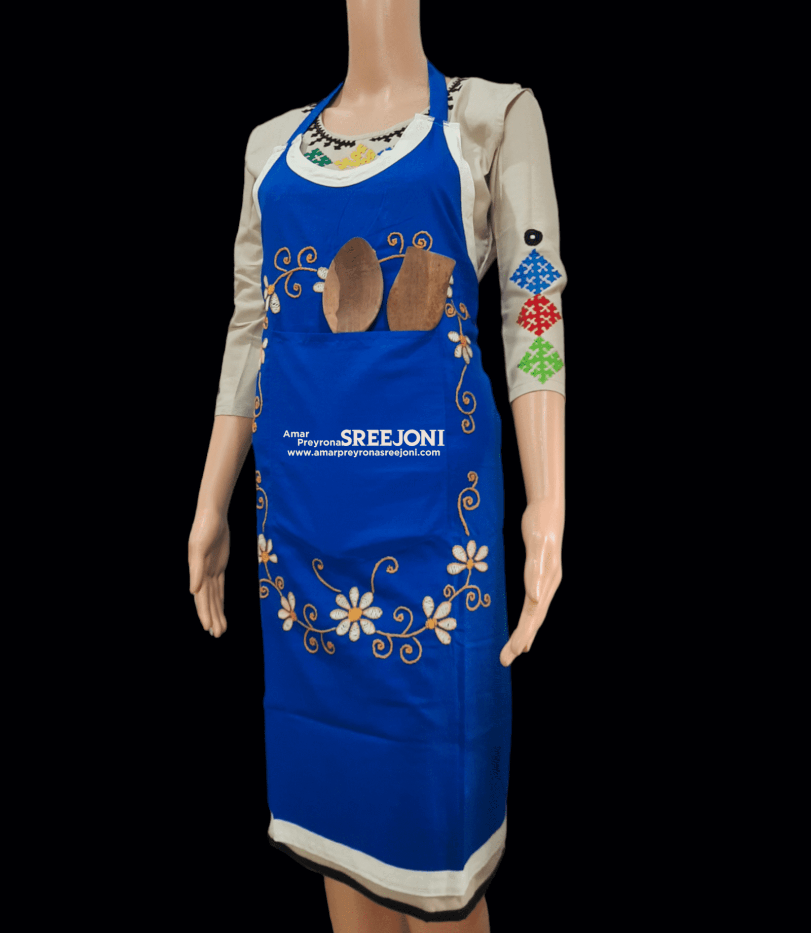 Hand Embroidery Pure Cotton Blue Color designing apron for chef and all
