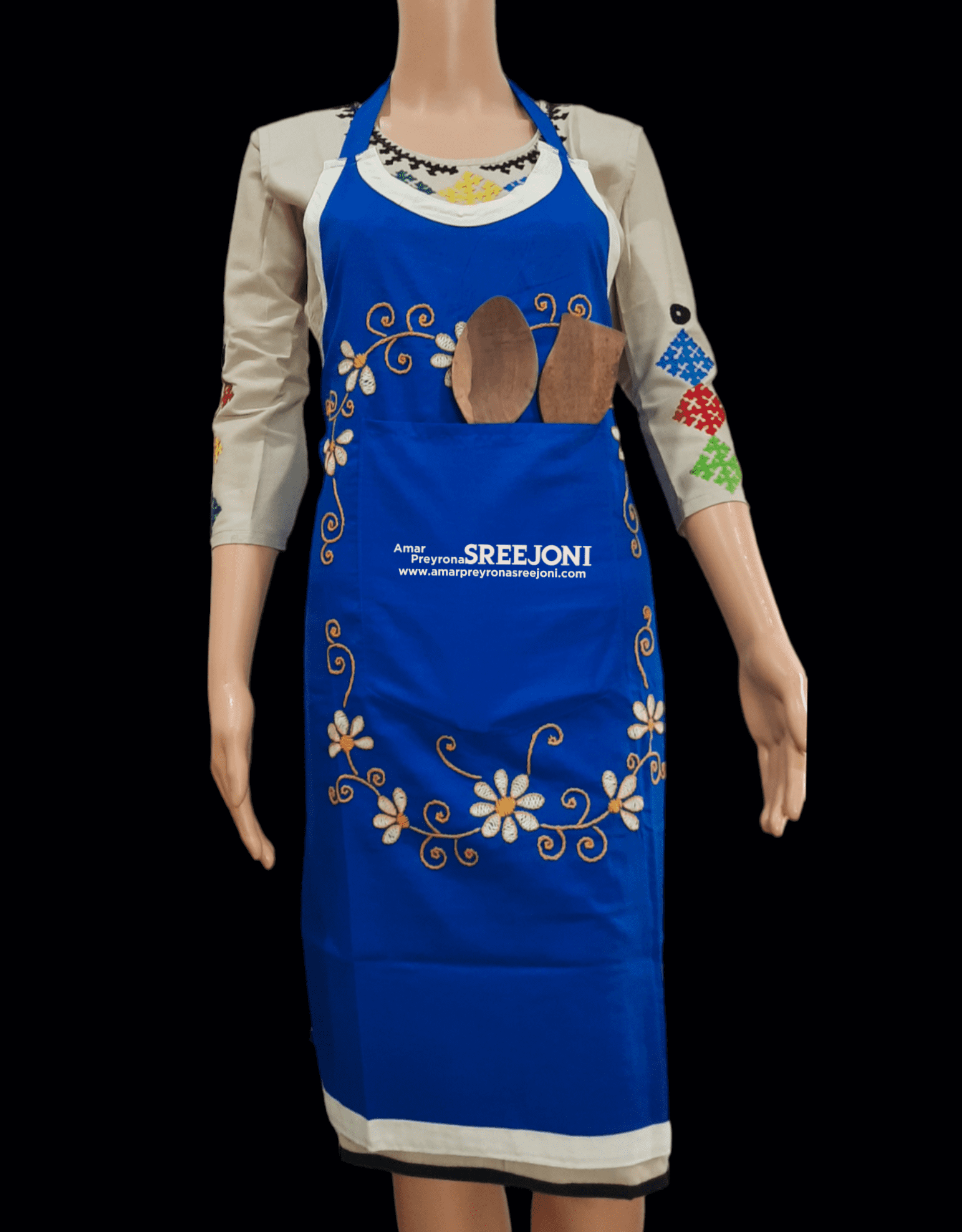 Hand Embroidery Pure Cotton Blue Color designing apron for chef and all