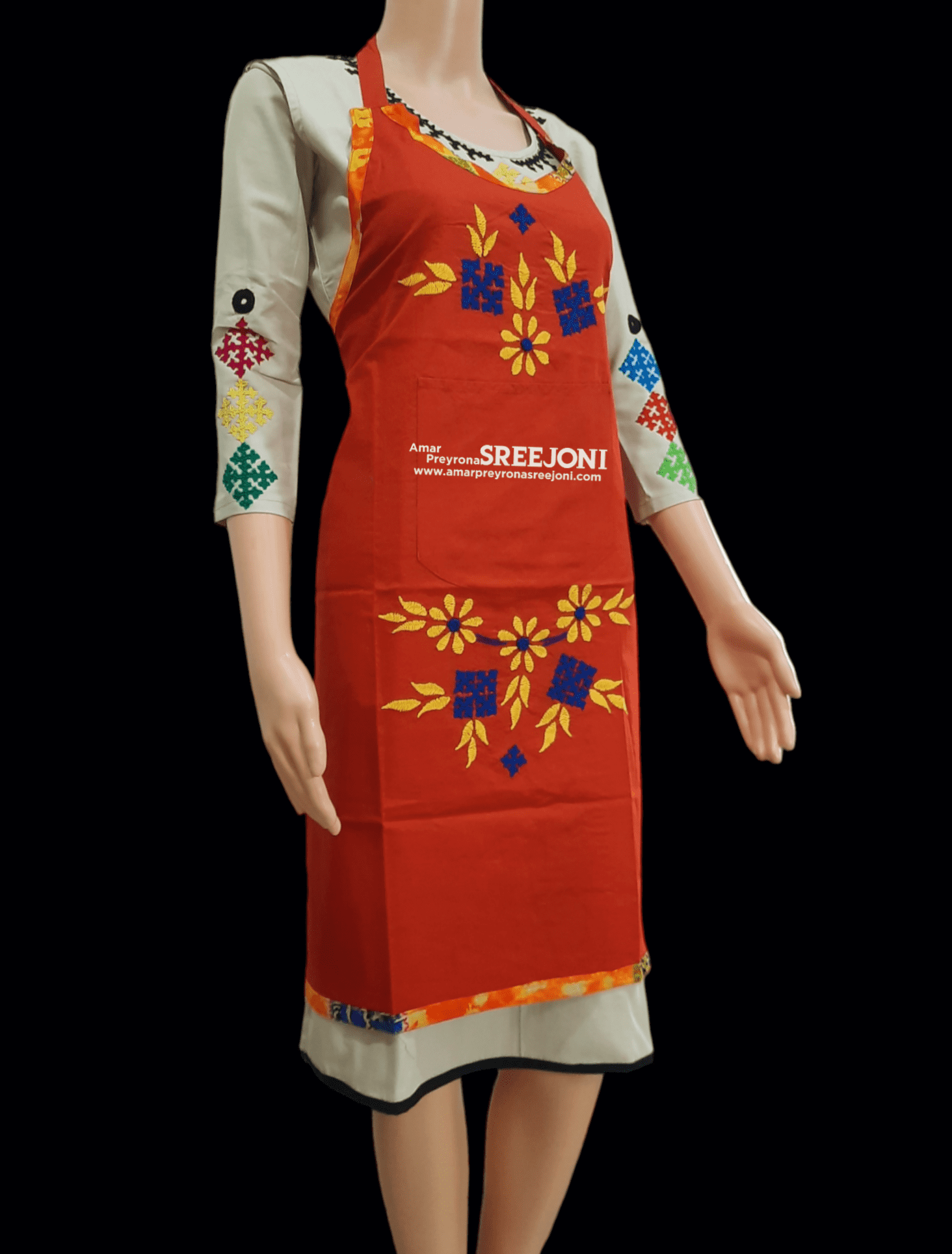 Hand Embroidery Pure Cotton Orange Color Apron -Perfect for Chefs And Home Cooks.