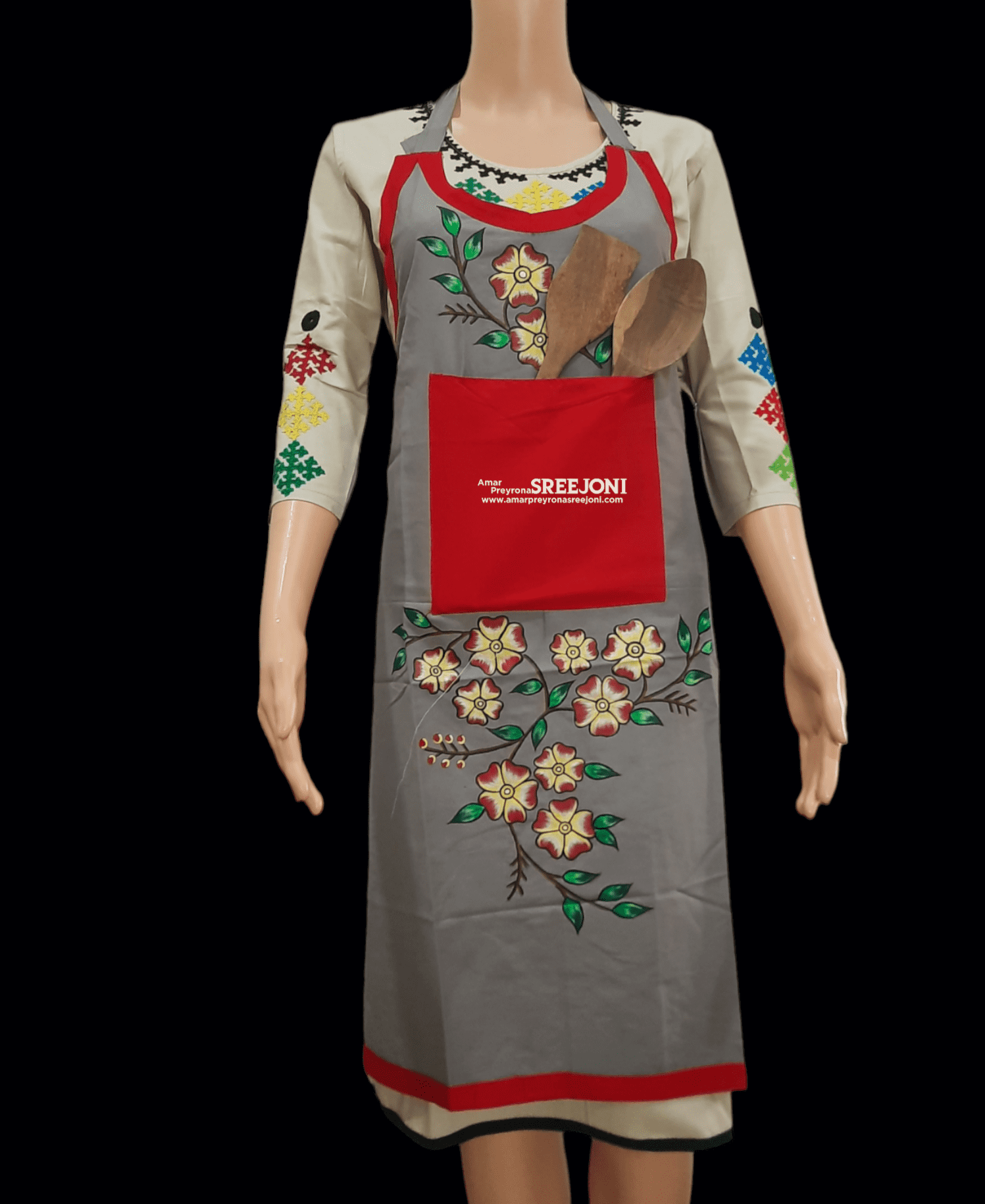 Hand Painted Pure Cotton Grey Color Febric Work Apron