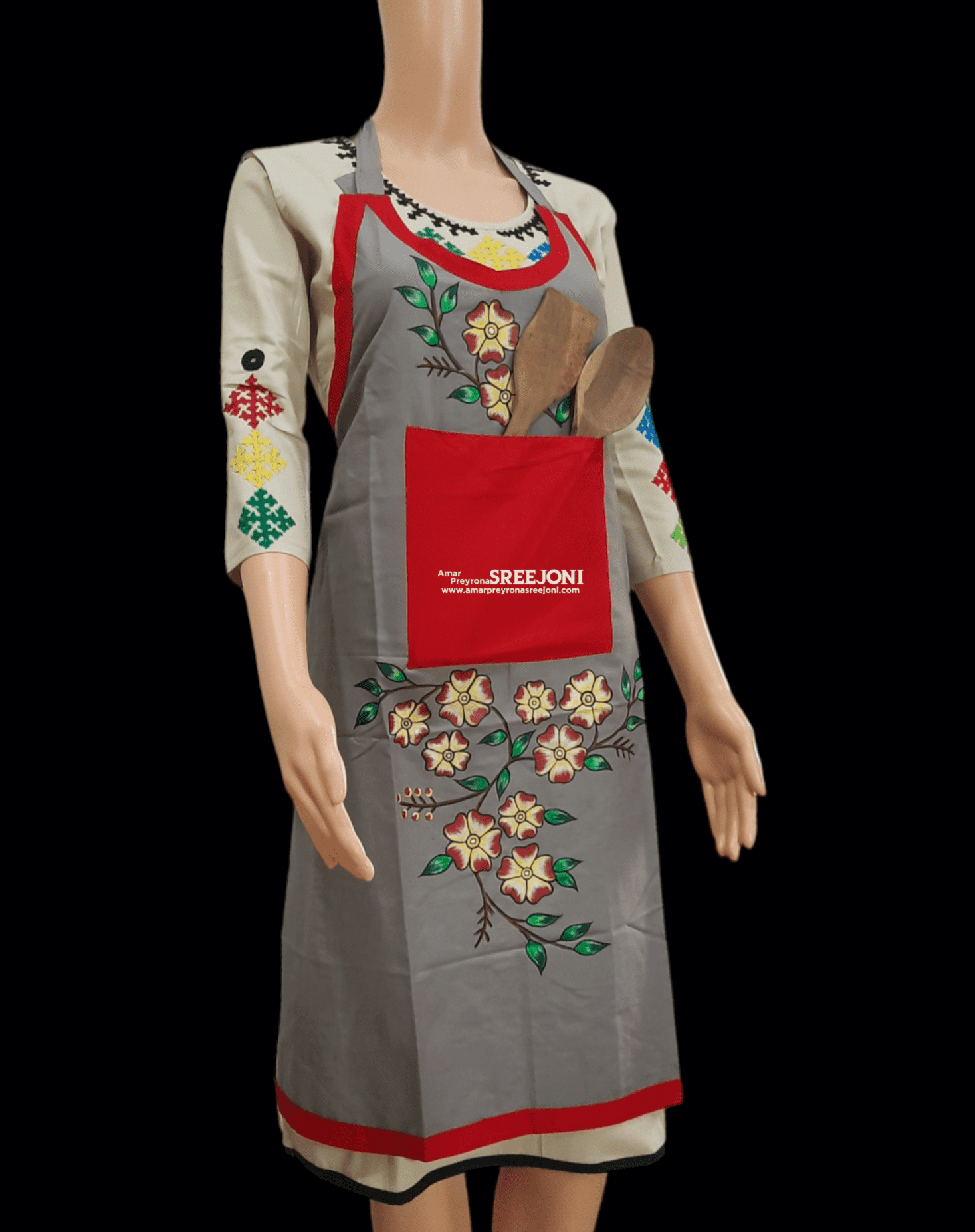 Hand Painted Pure Cotton Grey Color Febric Work Apron