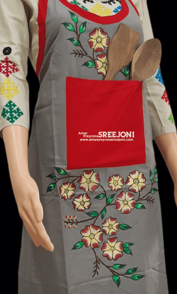 Hand Painted Pure Cotton Grey Color Febric Work Apron