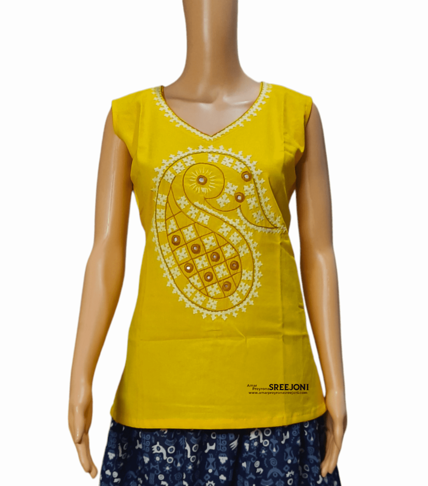 Hand Embroidery Pure Cotton Yellow Color Short V-Neck Style Kurti For Girls And Womens