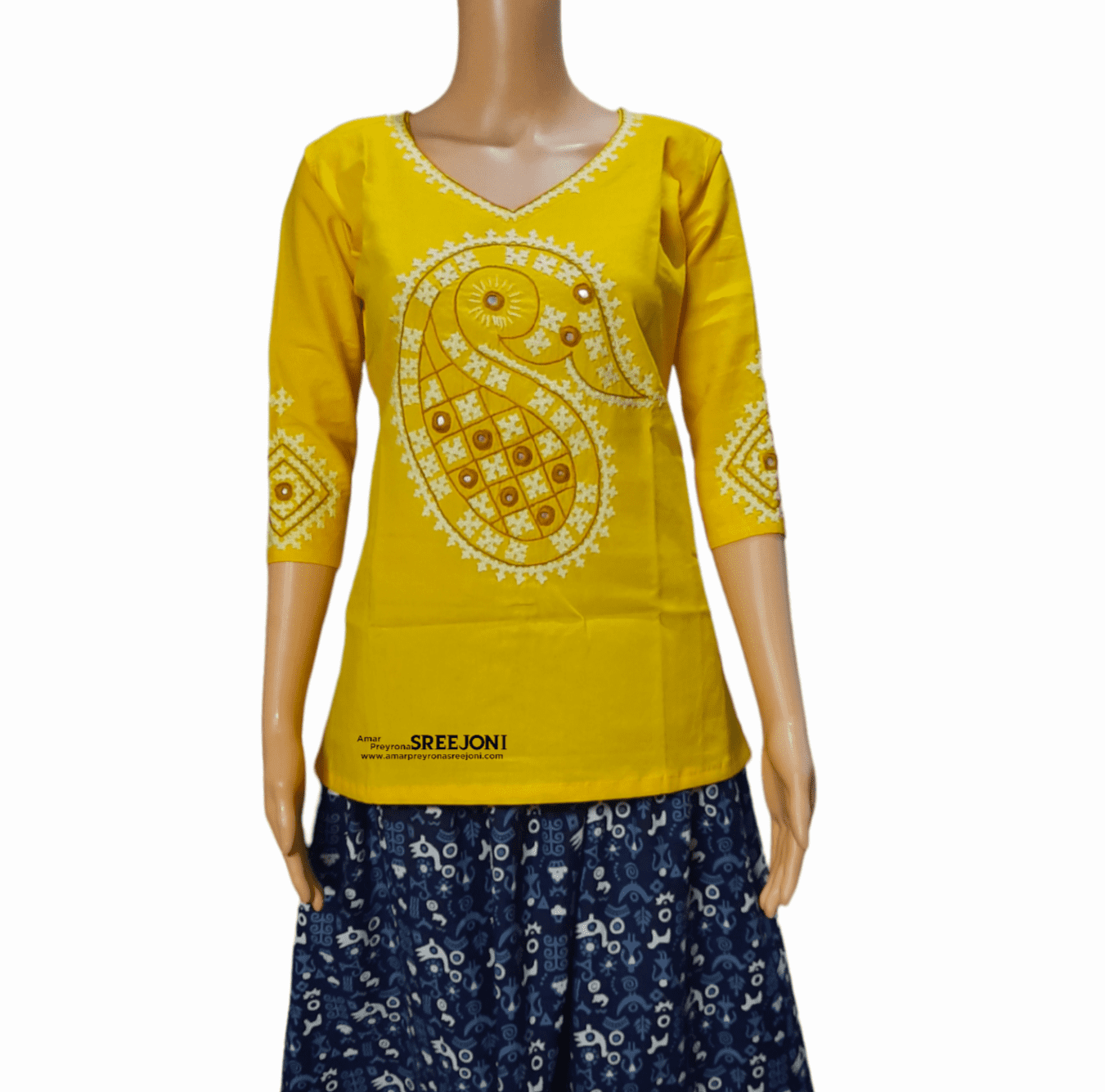 Hand Embroidery Pure Cotton Yellow Color Short V-Neck Style Kurti For Girls And Womens