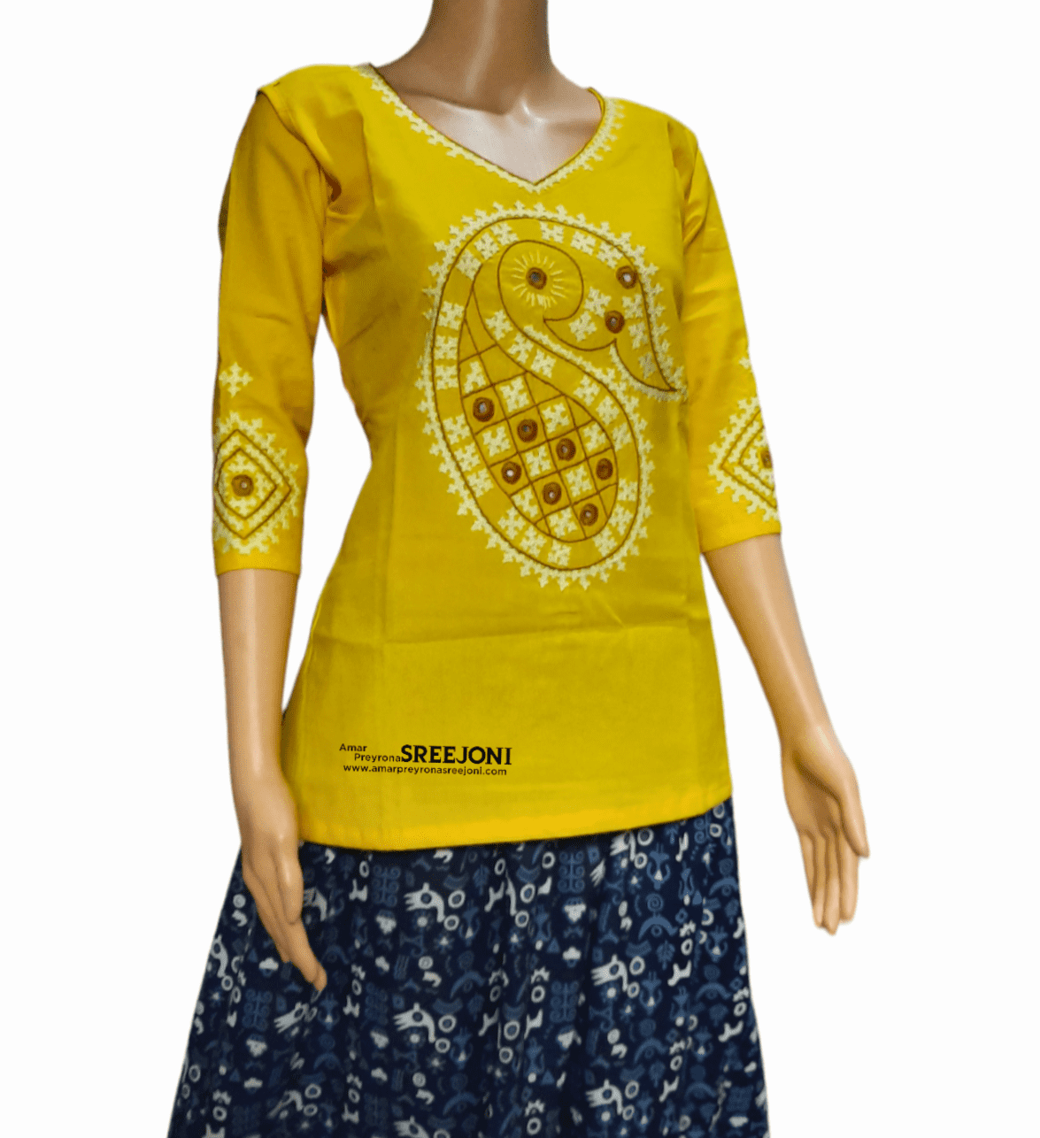 Hand Embroidery Pure Cotton Yellow Color Short V-Neck Style Kurti For Girls And Womens
