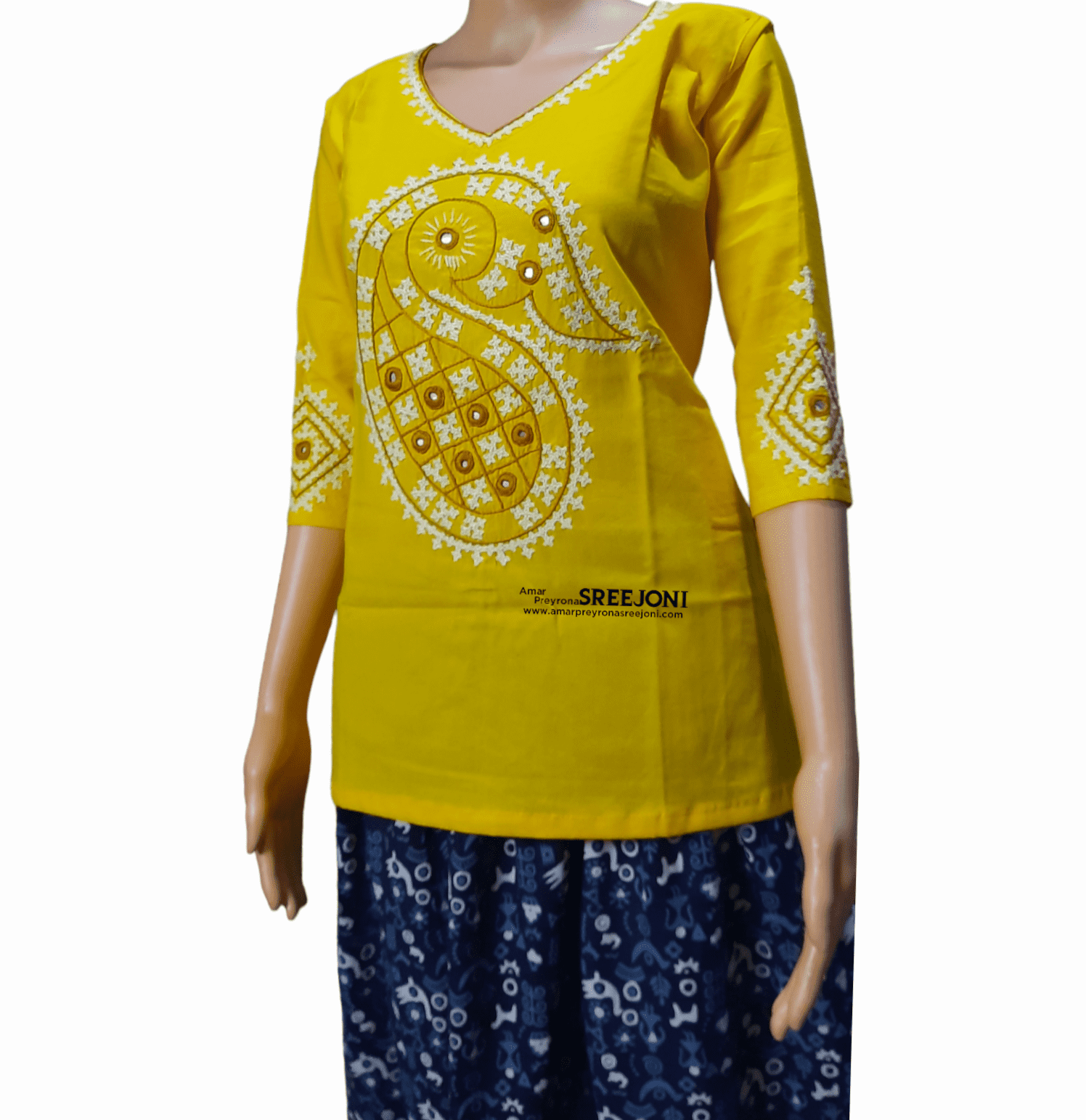 Hand Embroidery Pure Cotton Yellow Color Short V-Neck Style Kurti For Girls And Womens