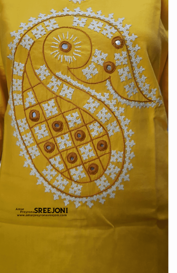 Hand Embroidery Pure Cotton Yellow Color Short V-Neck Style Kurti For Girls And Womens