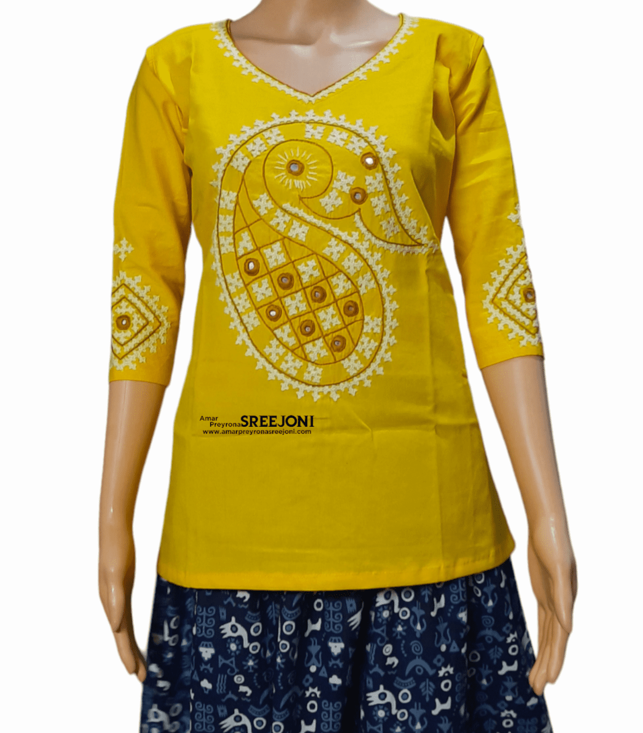 Hand Embroidery Pure Cotton Yellow Color Short V-Neck Style Kurti For Girls And Womens