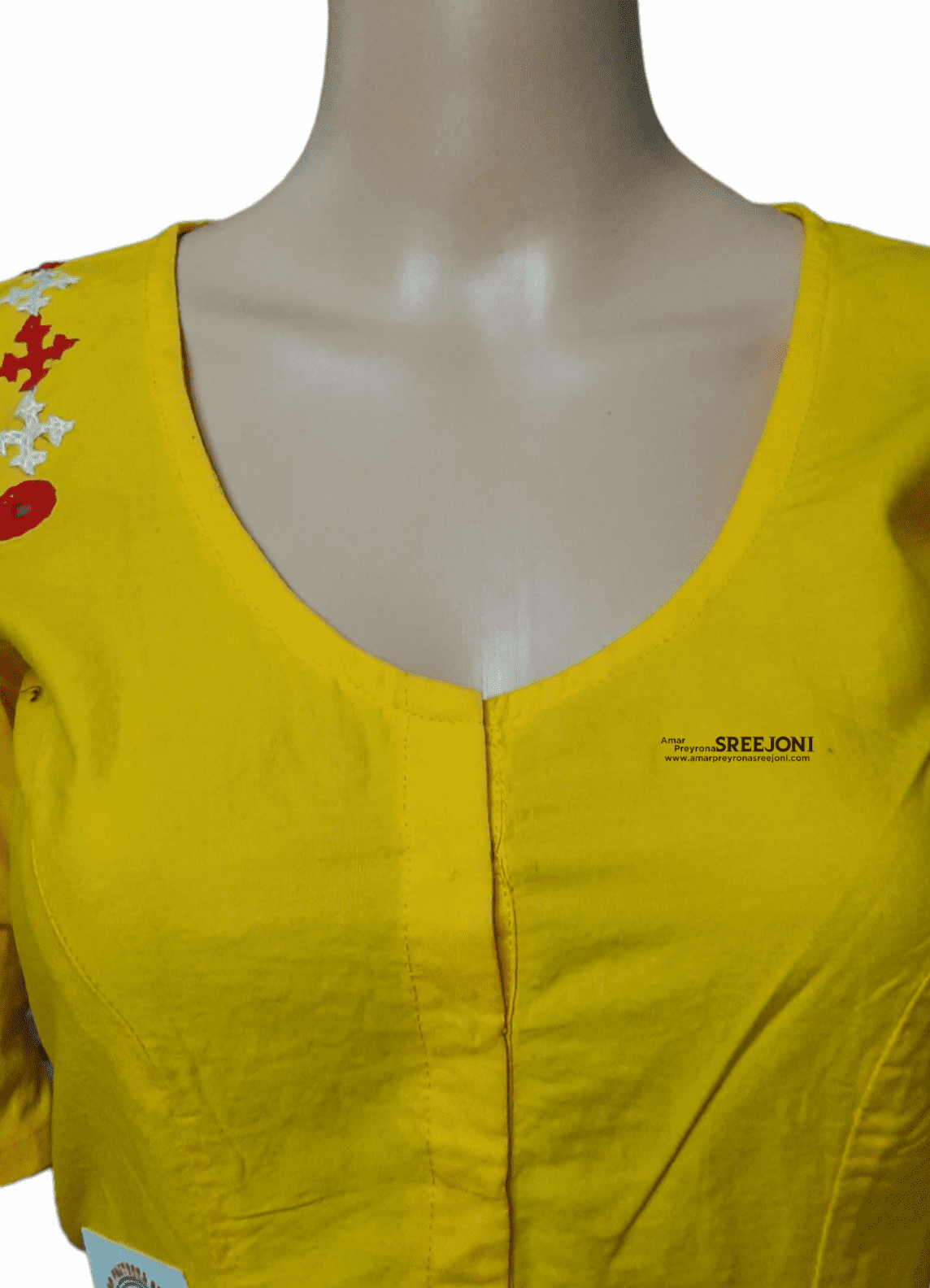 Hand Embroidery Pure Cotton Yellow Color U-neck Blouse For Women And Girls