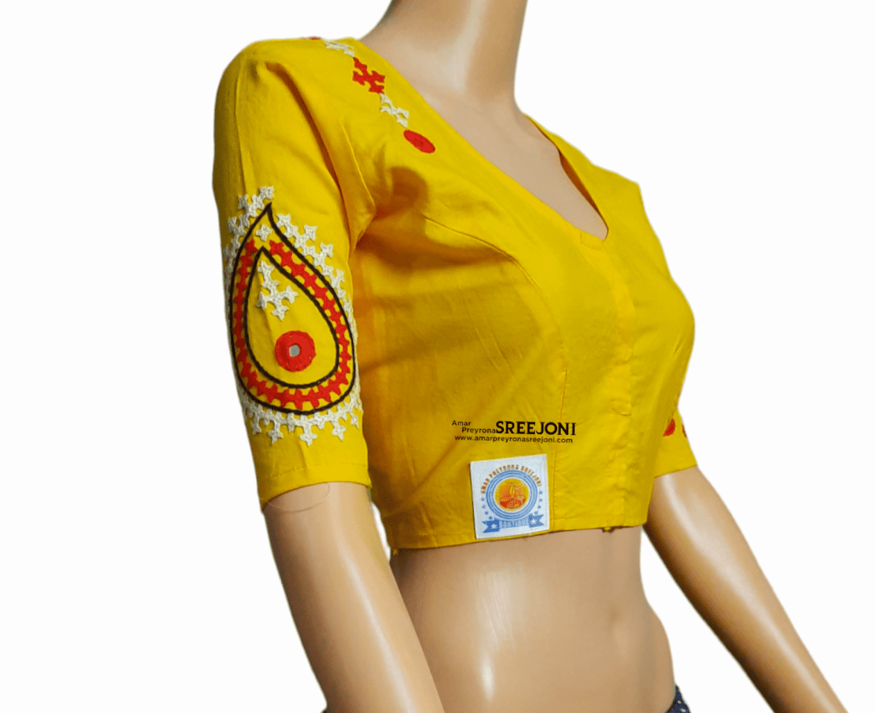 Hand Embroidery Pure Cotton Yellow Color U-neck Blouse For Women And Girls
