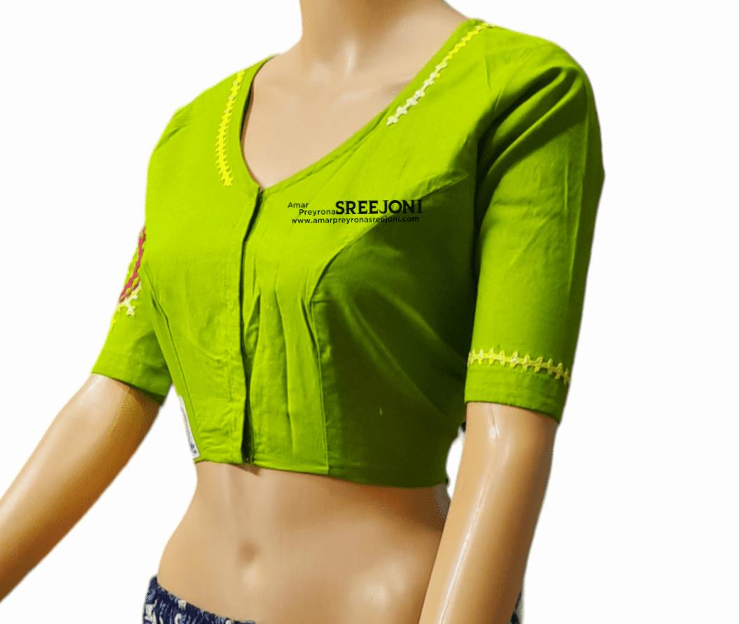 Hand Embroidery Pure Cotton Green Color V-Neck Designing Blouse for Women And Girls