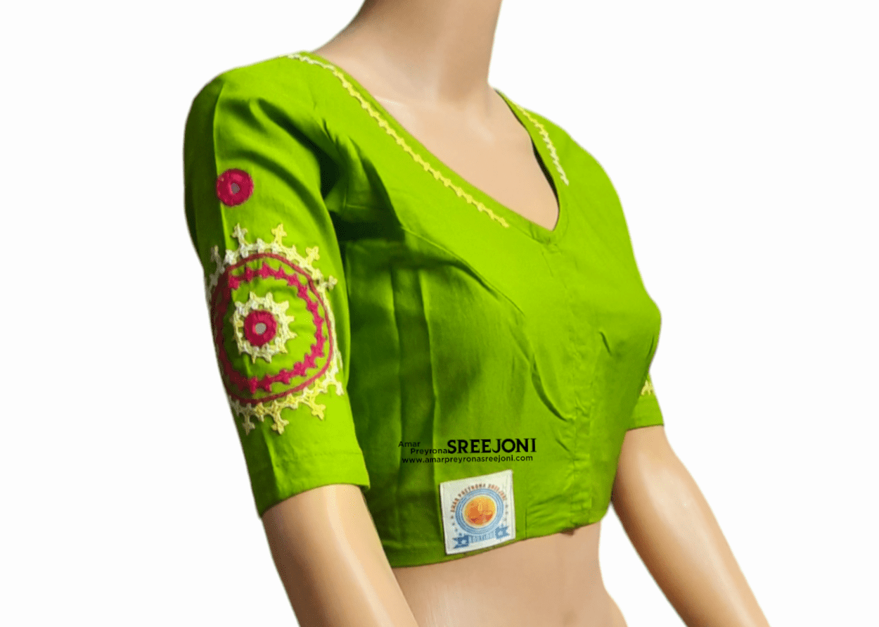 Hand Embroidery Pure Cotton Green Color V-Neck Designing Blouse for Women And Girls