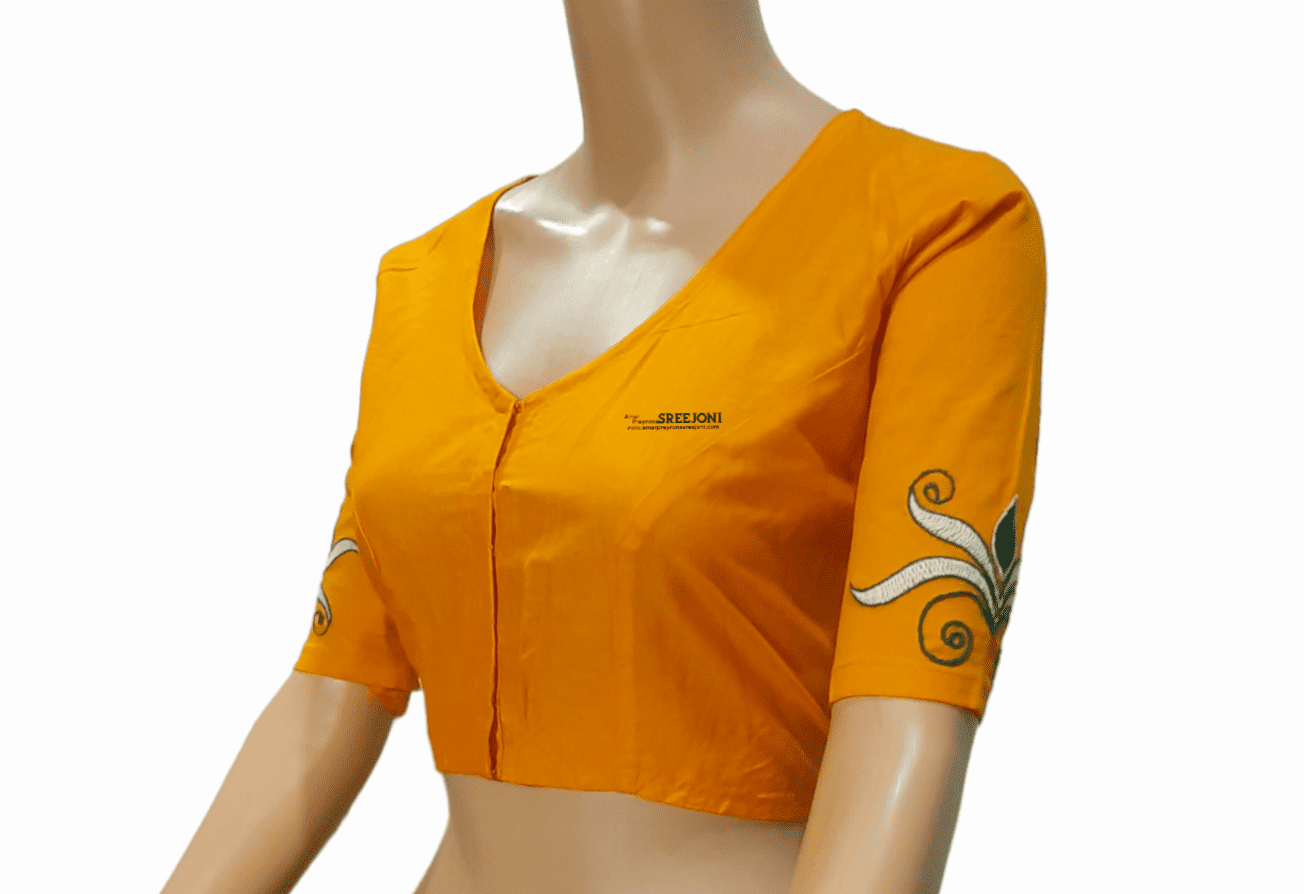Hand Embroidery Pure Cotton Dark Yellow Color V-neck Blouse For Women And Girls
