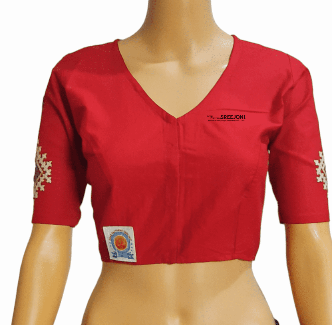 A Beautiful Red Color  Hand Embroidery Pure cotton V-neck Blouse