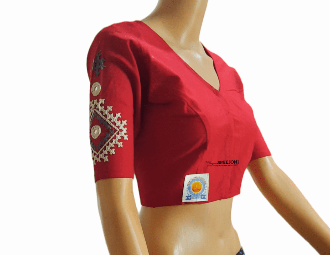 A Beautiful Red Color  Hand Embroidery Pure cotton V-neck Blouse